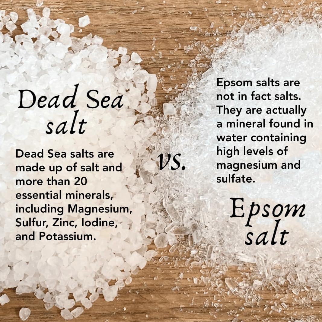Comparison between Dead Sea salt and Epsom salt on a wooden surface.
