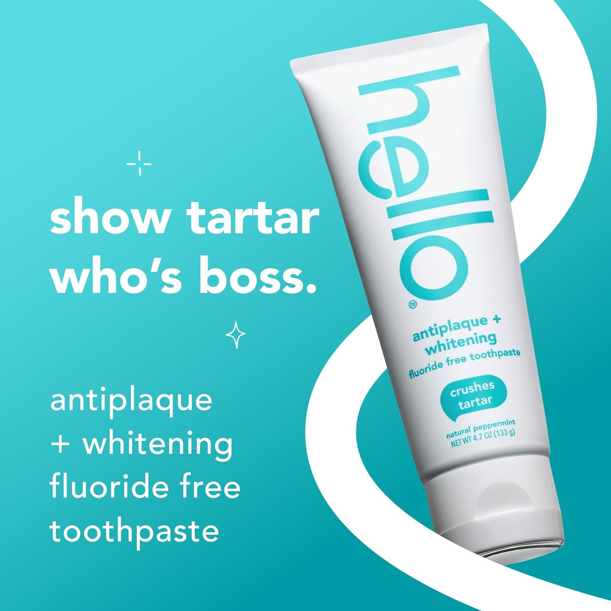 Toothpaste tube with text 'show tartar who's boss' on a blue background