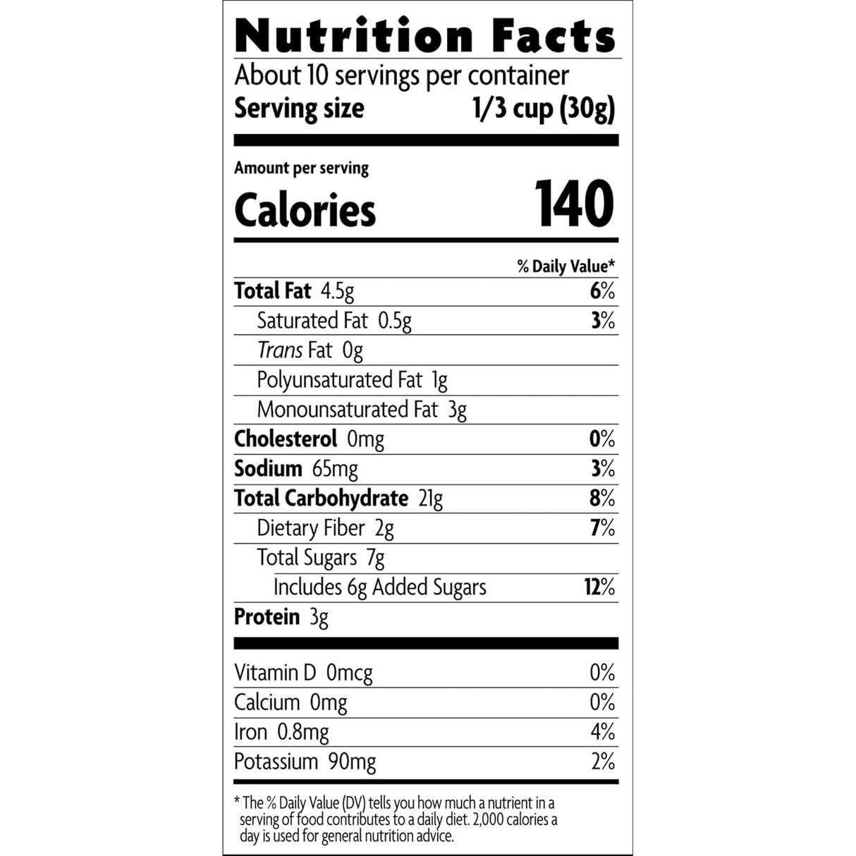 Nutrition facts label for a food product with detailed calorie and nutrient information.