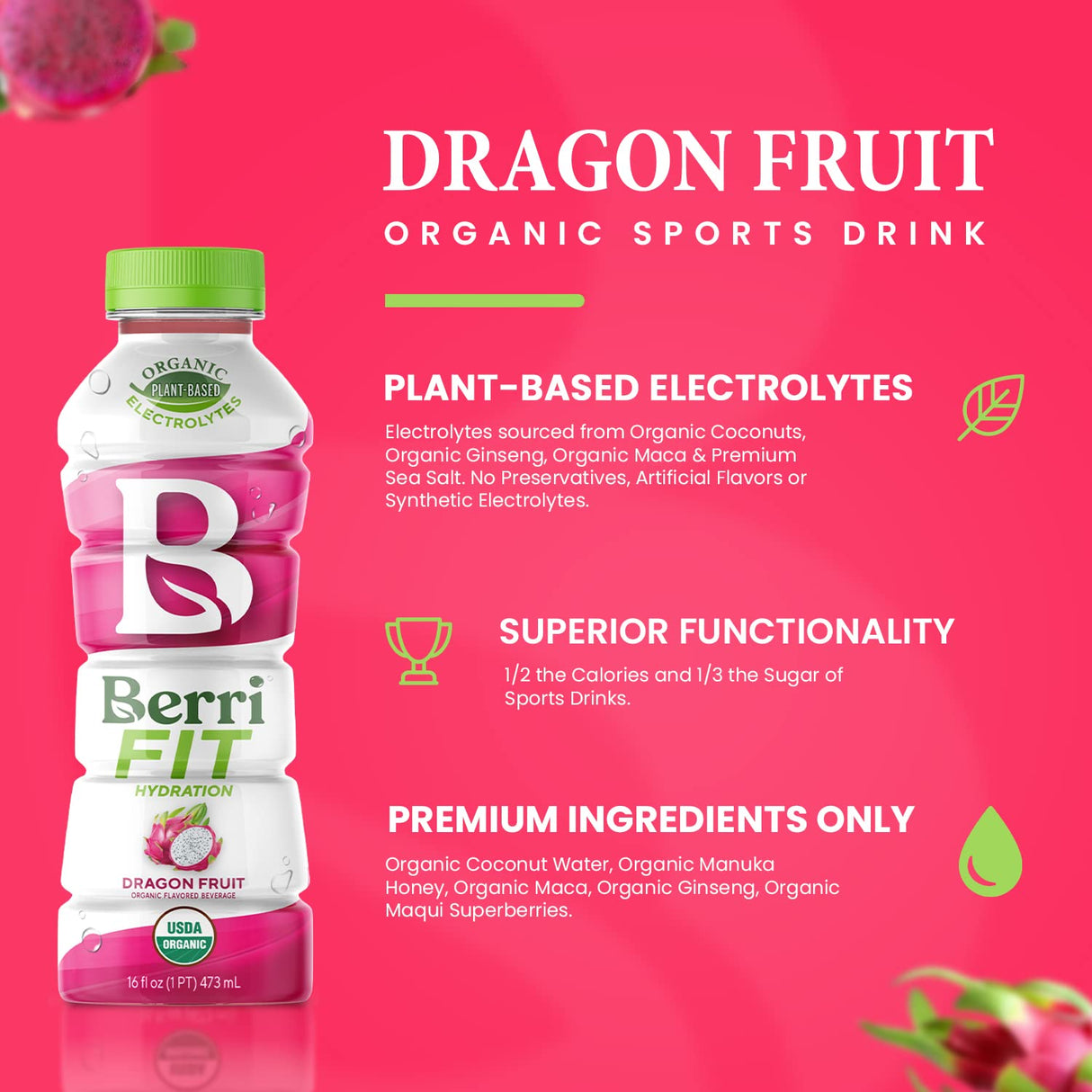 Berri Pro Dragon Fruit Plant-Based Fitness Beverage, 12 Pack, 16 Oz. Each - Cozy Farm