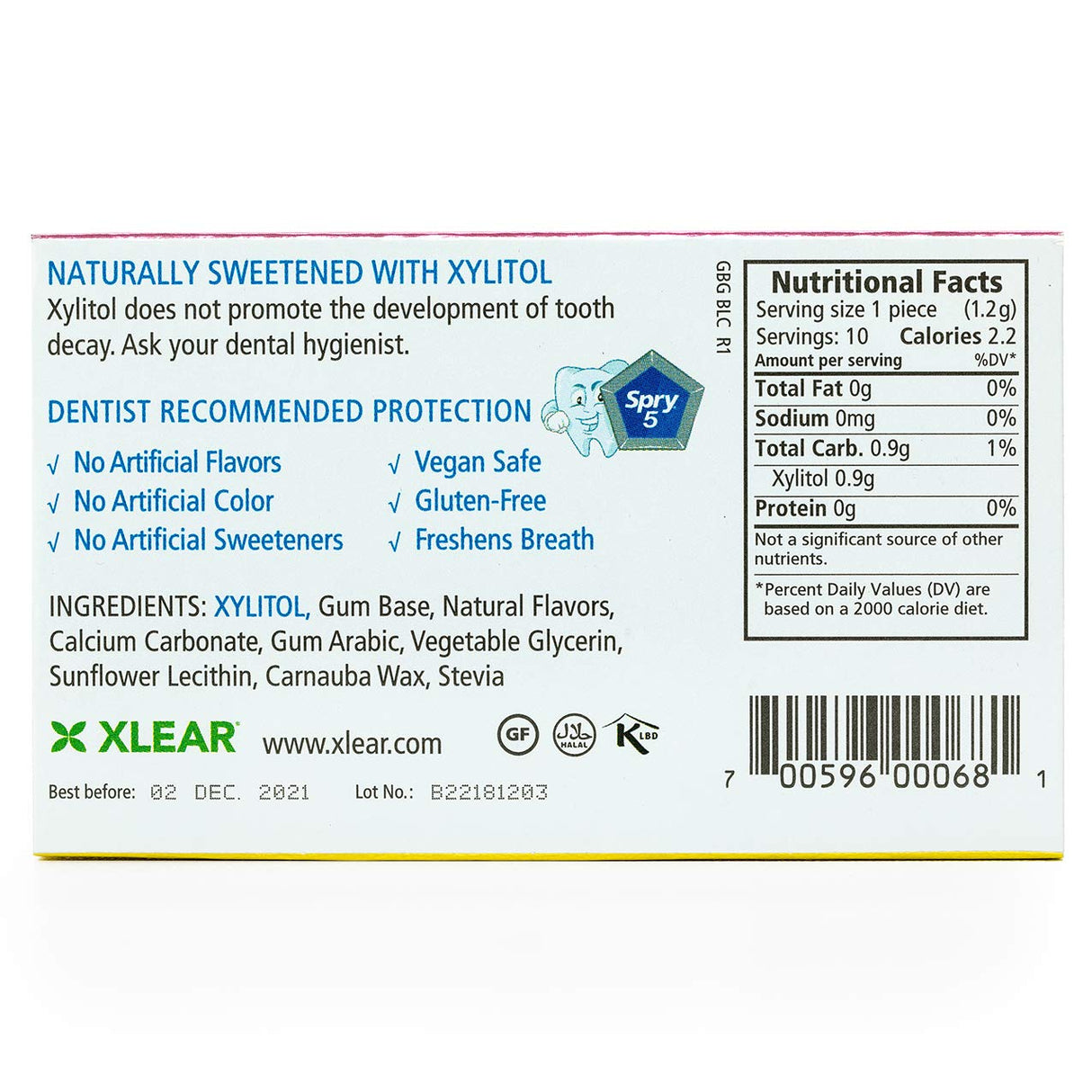 Back of a Xlear product packaging with nutritional facts, ingredients, and branding information.