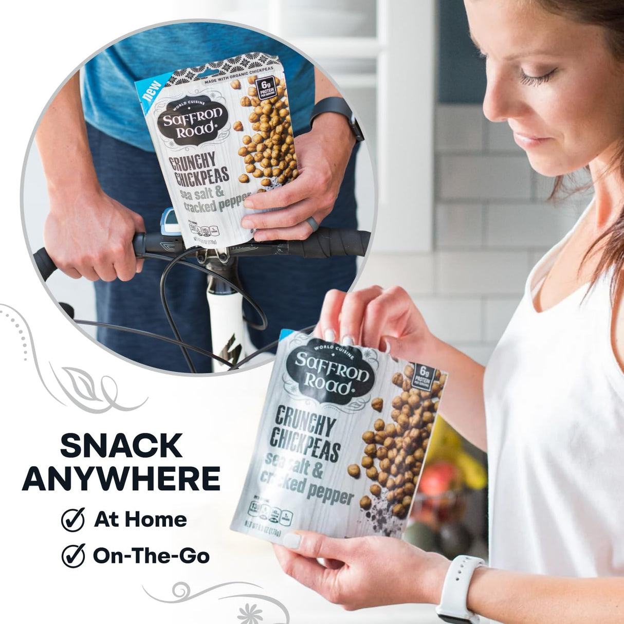 Person holding Saffron Road crunchy chickpeas packaging with text 'Snack Anywhere' at home and on-the-go.