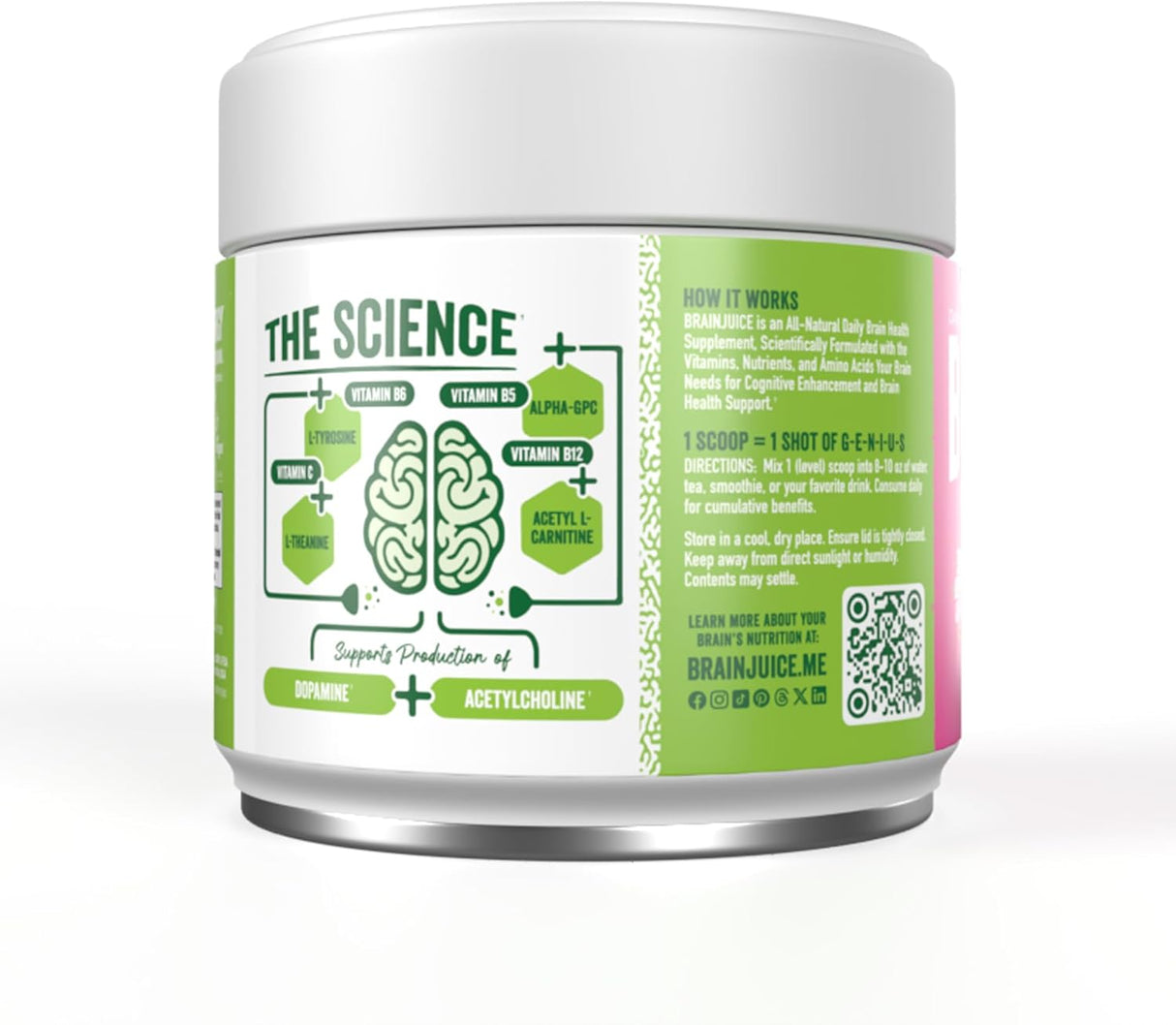 Container labeled 'The Science' with brain graphic and text on a white background