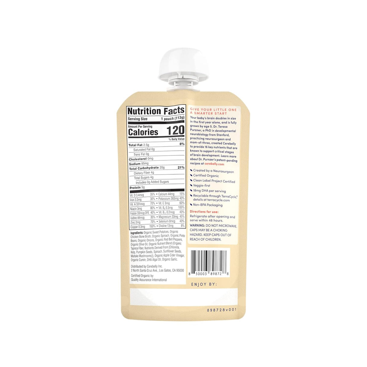 Cerebelly Organic Sweet Potato, Pinto Bean, Bone Broth & Cumin Puree, Brain-Boosting Baby Food, 4 oz Pouches, Pack of 6