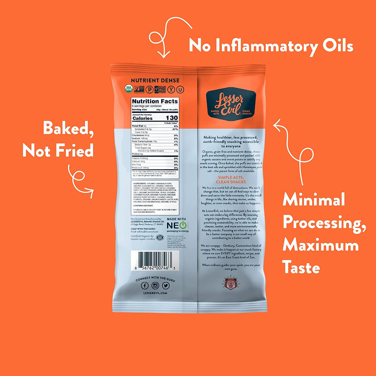 Lesser Evil Paleo Puffs Crunch - No-Cheese Cheesiness (Pack of 9 - 5 Oz.) - Cozy Farm