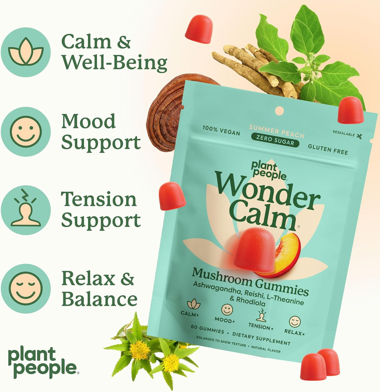 Plant People Mushroom Wonder Calm, Peach, 60 Count