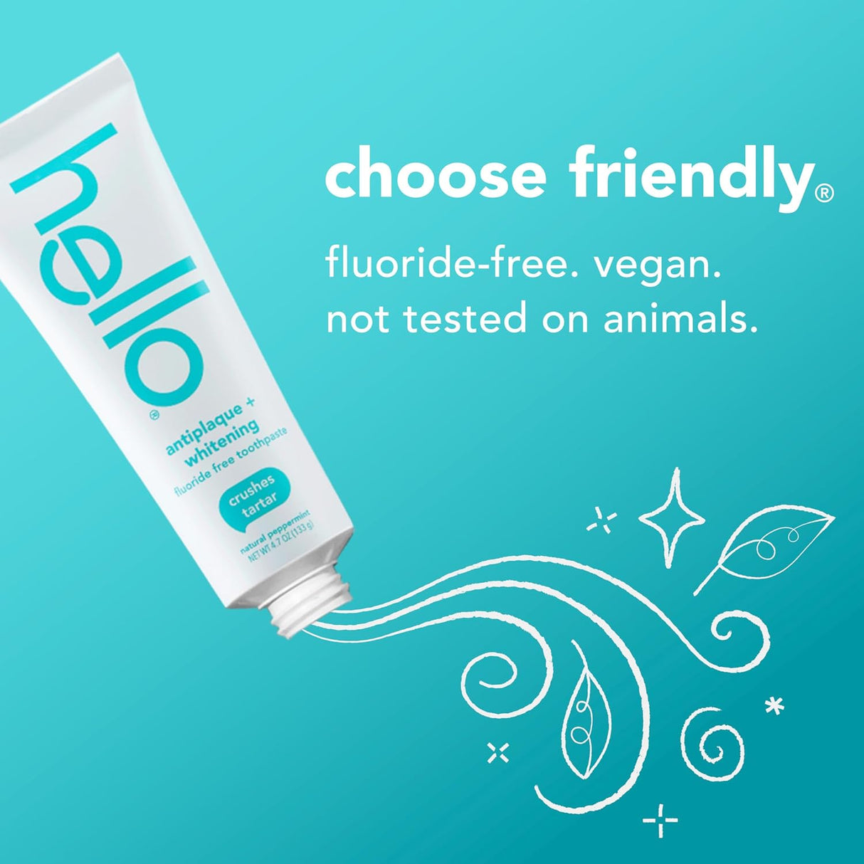 Tube of 'hello' fluoride-free, vegan toothpaste on a teal background with text about product attributes.