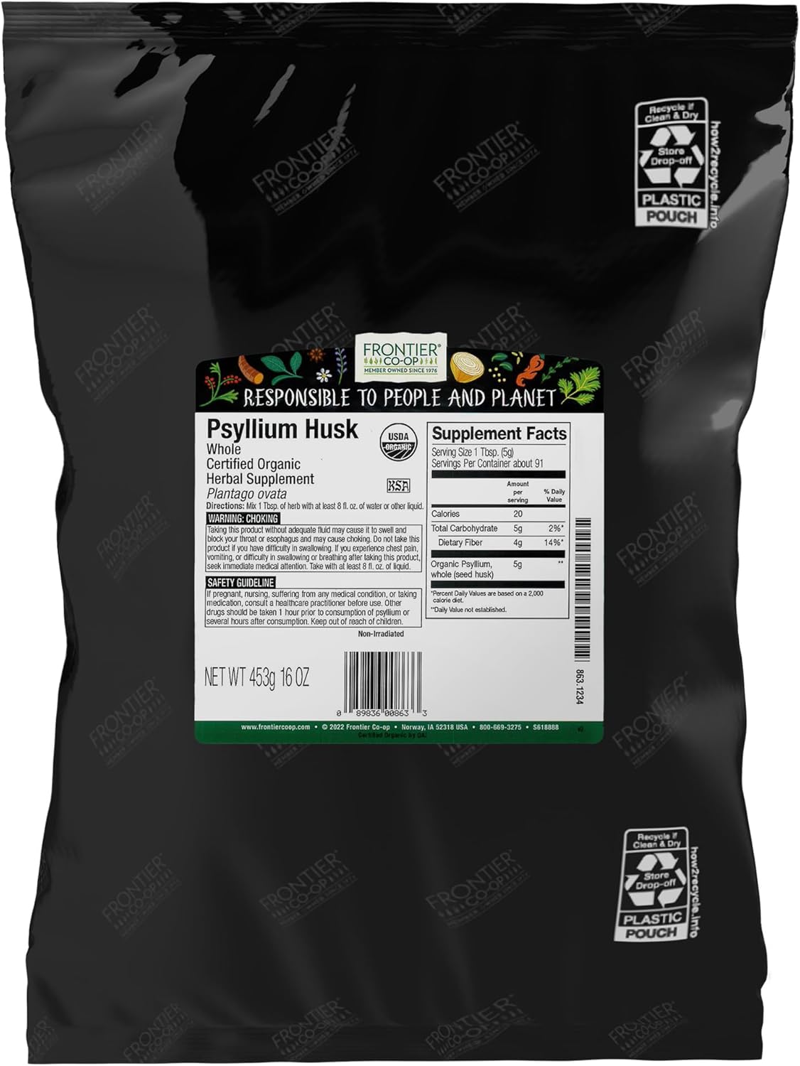 Frontier Herb Psyllium Seed Husk, Whole, Organic, 1 Lb.
