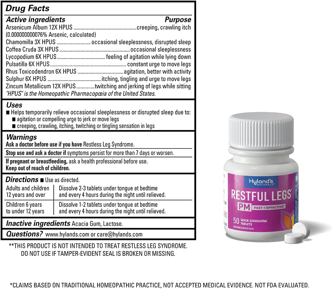 Hyland's RestfulLegs PM supplement bottle with label and ingredients list on a white background