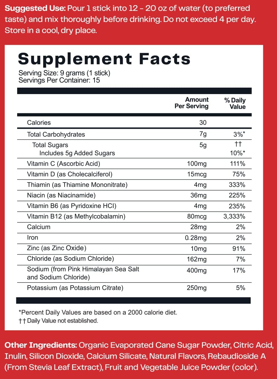 No Days Wasted Hydration Replenisher Sticks in Cherry Pomegranate Flavor (Pack of 15 - 0.32oz) - Cozy Farm