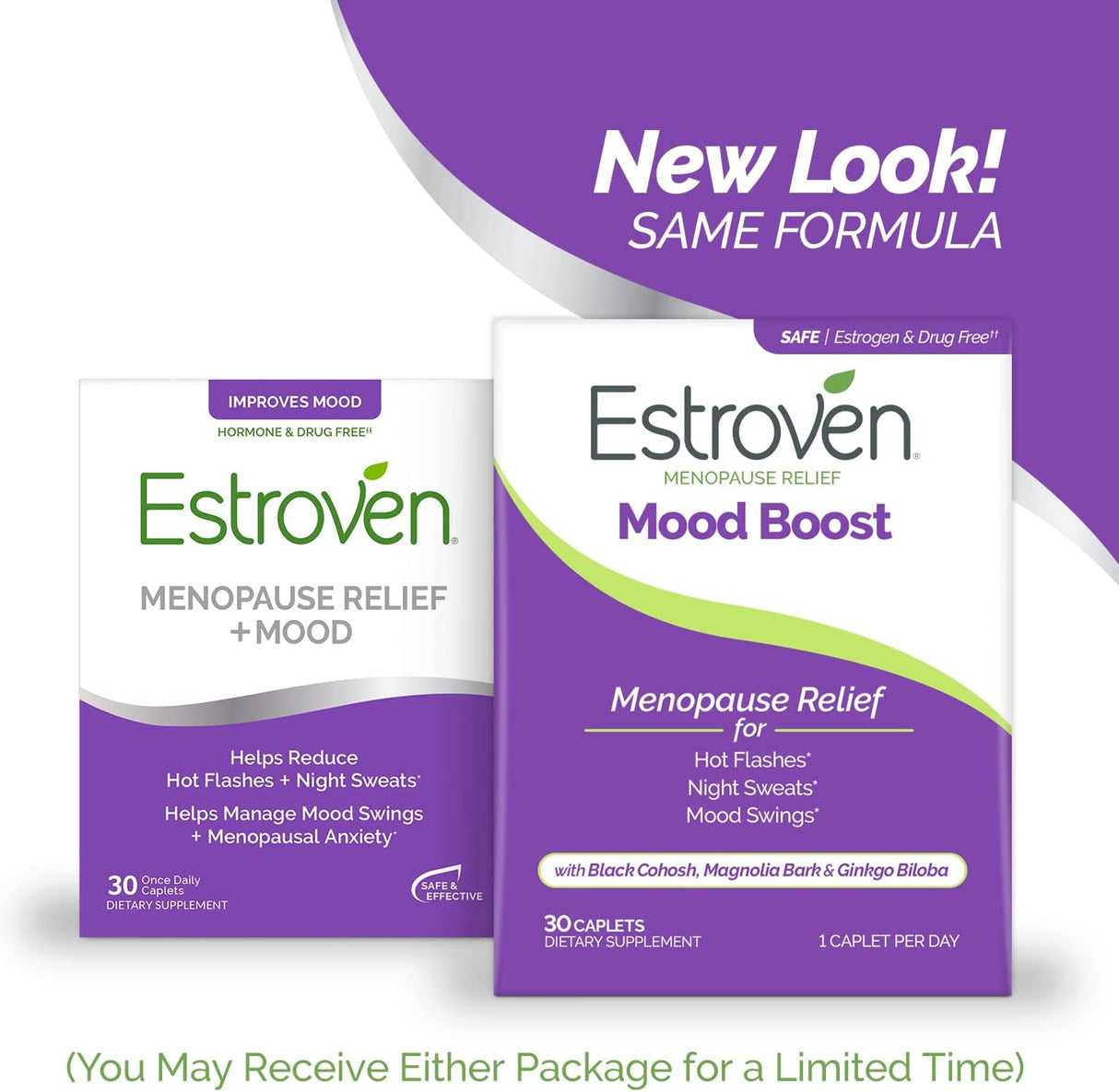 Two Estroven menopause relief packages with a purple and white design.