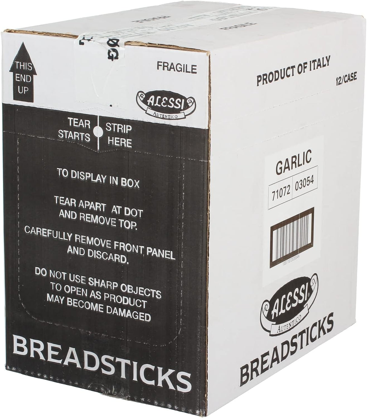Cardboard box of Alessi breadsticks with text and branding