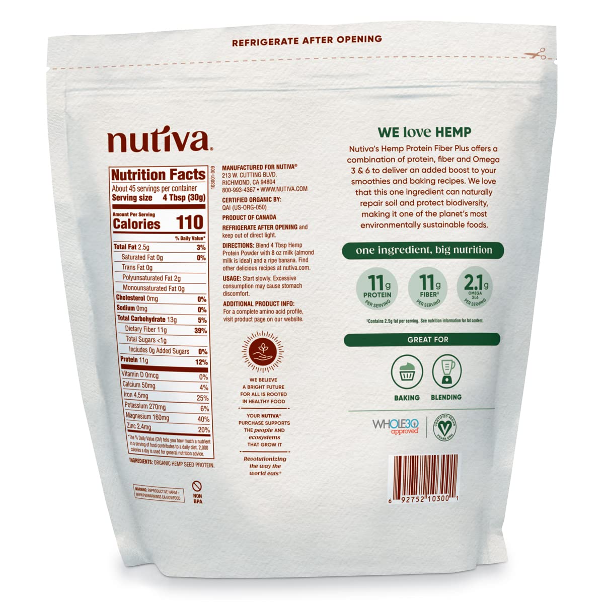 Nutiva Organic Hemp Protein Hi-Fiber, 3 Lbs - Cozy Farm