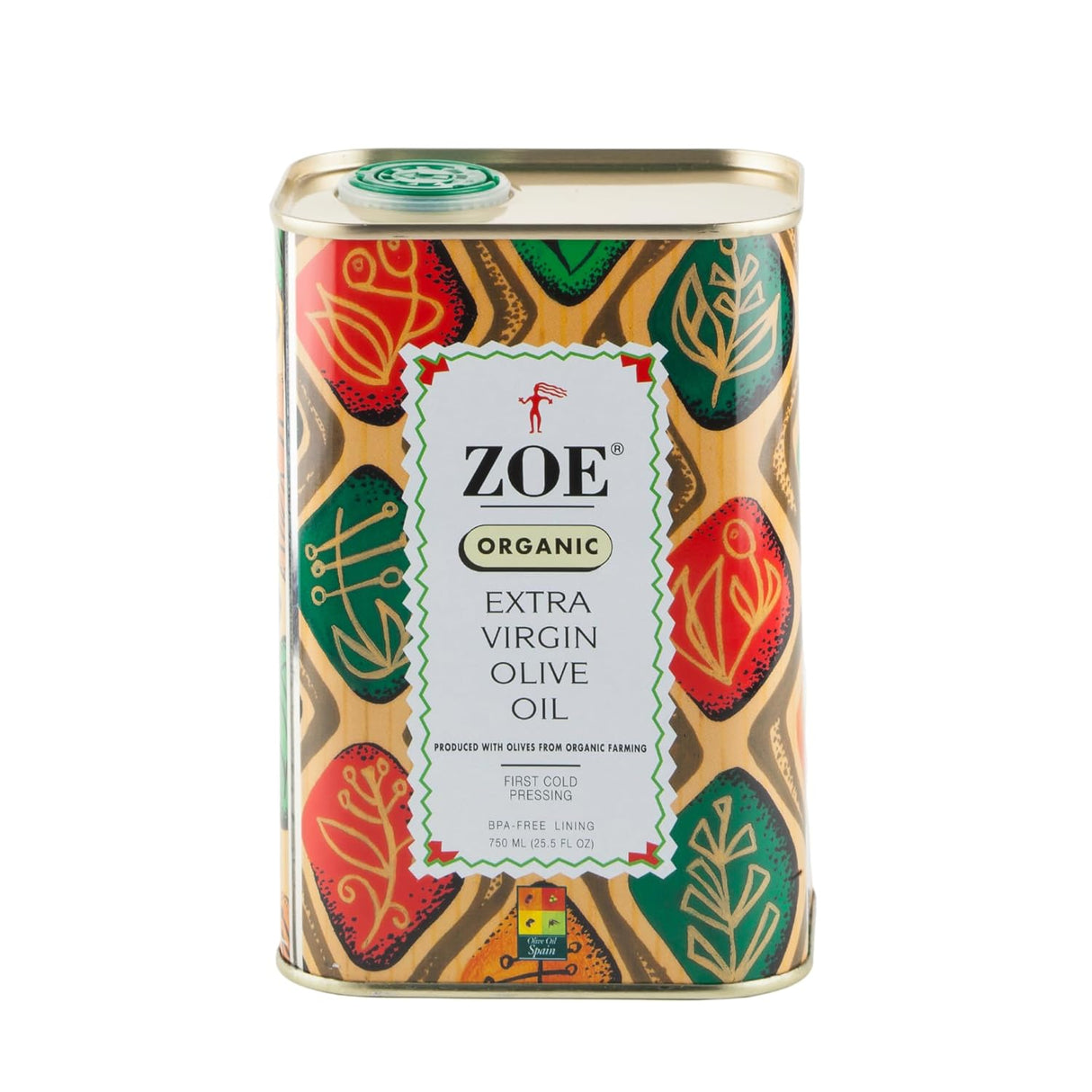 Zoe Organic Extra Virgin Olive Oil can with decorative design on a white background