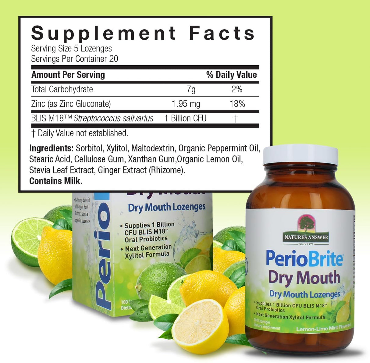 PerioBrite dry mouth lozenge packaging with supplement facts label on a light green background