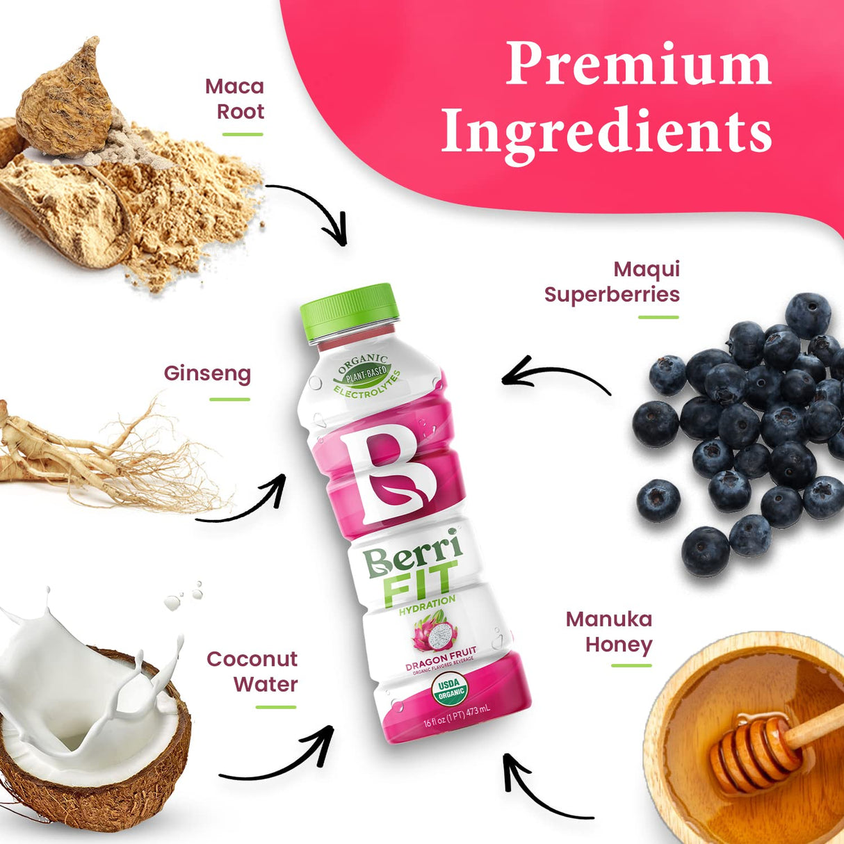 Berri Pro Dragon Fruit Plant-Based Fitness Beverage, 12 Pack, 16 Oz. Each - Cozy Farm