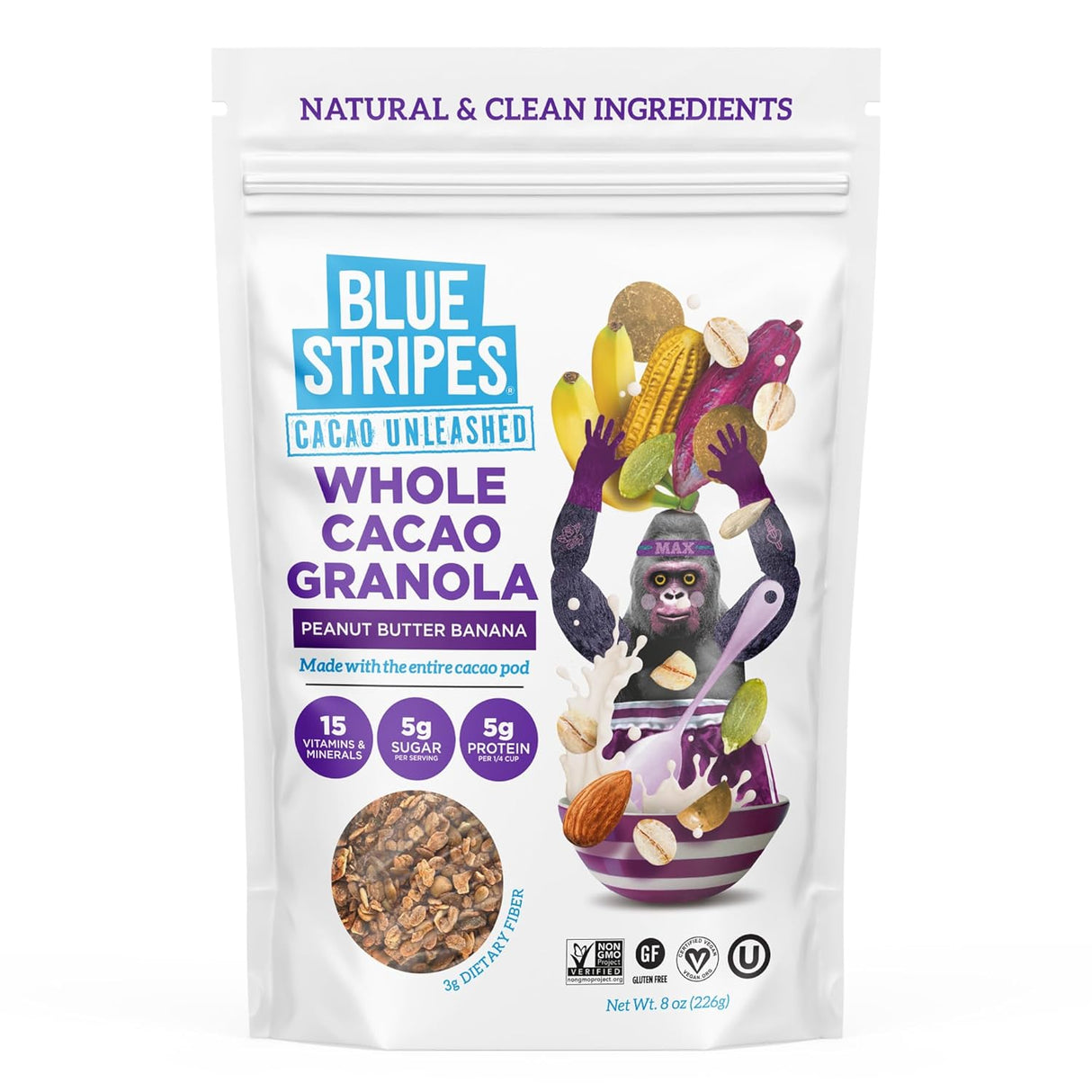 Blue Stripe Peanut Cacao Banana Granola, 8 oz (Pack of 6) - Antioxidant Superfood Granola