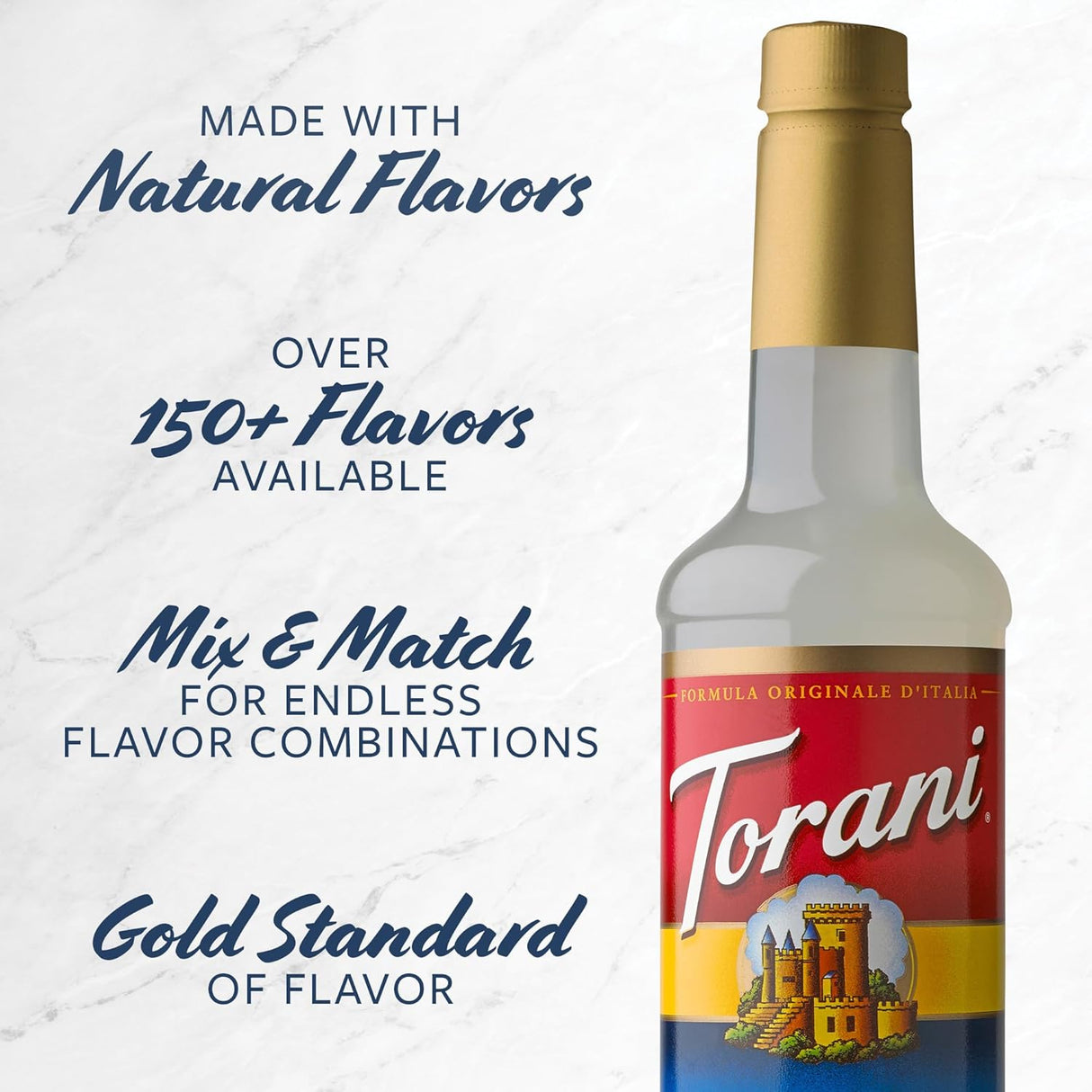 Torani syrup bottle with promotional text on a light gray background