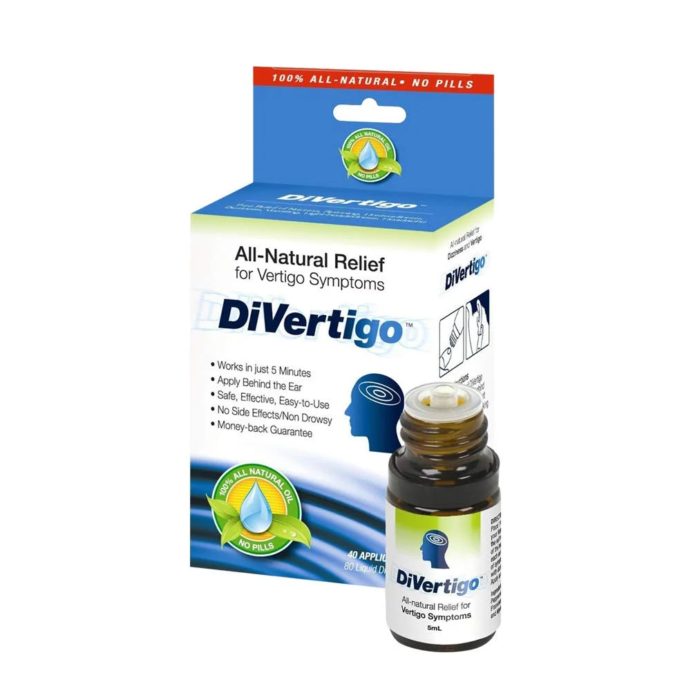 DiVertigo all-natural relief for vertigo symptoms with packaging and bottle on a white background