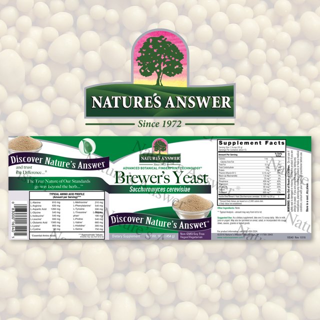 Nature's Answer Brewer's Yeast supplement label on a white background with yeast visible.