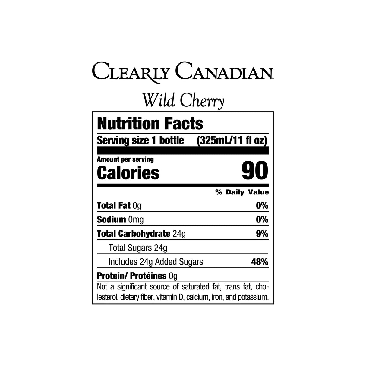 Nutrition facts label for Clearly Canadian Wild Cherry drink on a white background