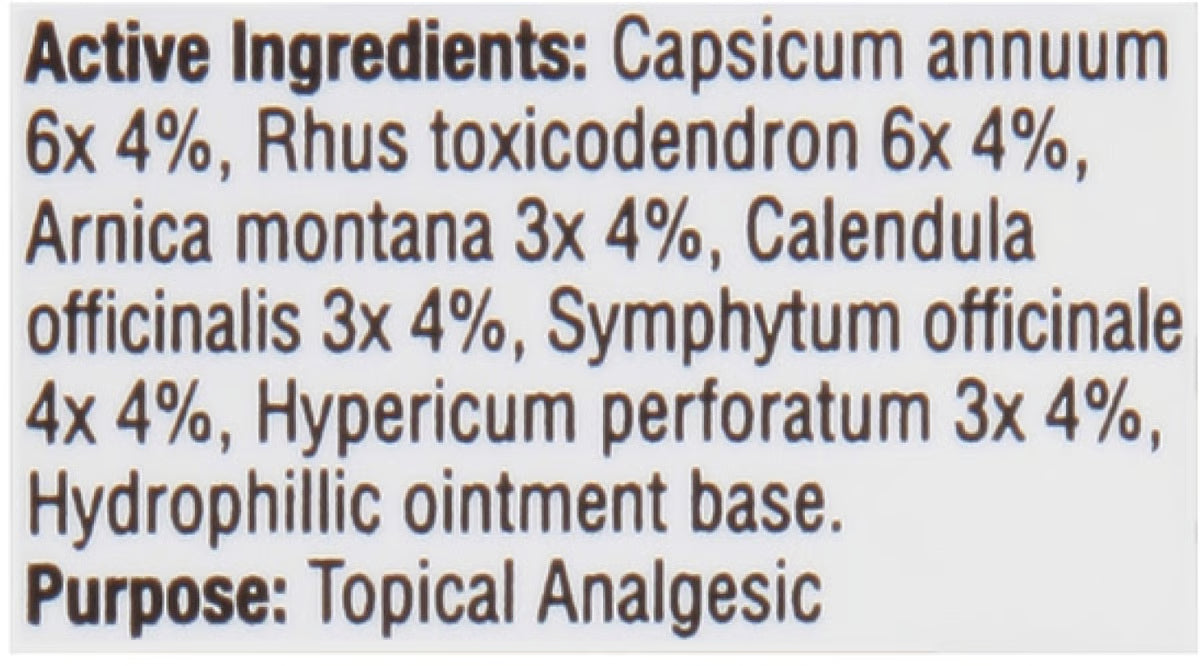 List of active ingredients and purpose on dr. Zang sciatica product label.