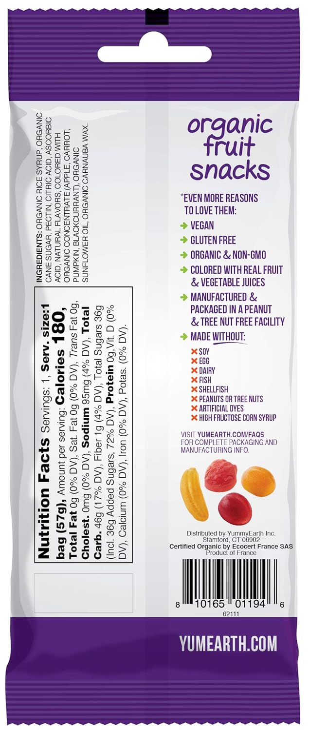 YumEarth organic fruit snack package with nutrition facts and branding details.