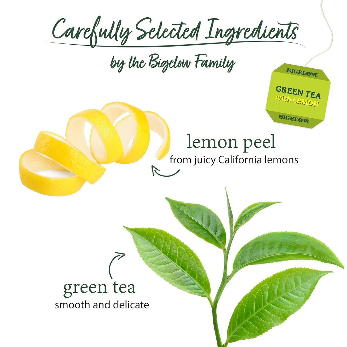 Tea packaging with lemon peel and green tea leaves, featuring Bigelow brand.