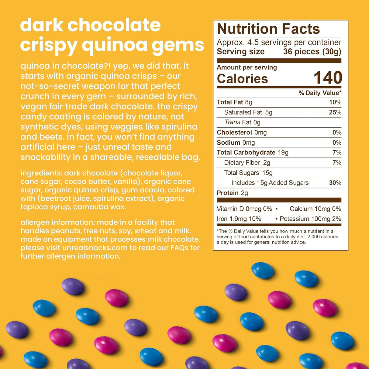 Unreal Crispy Quinoa Chocolate Gems, Dark Chocolate, 5 oz, Pack of 6