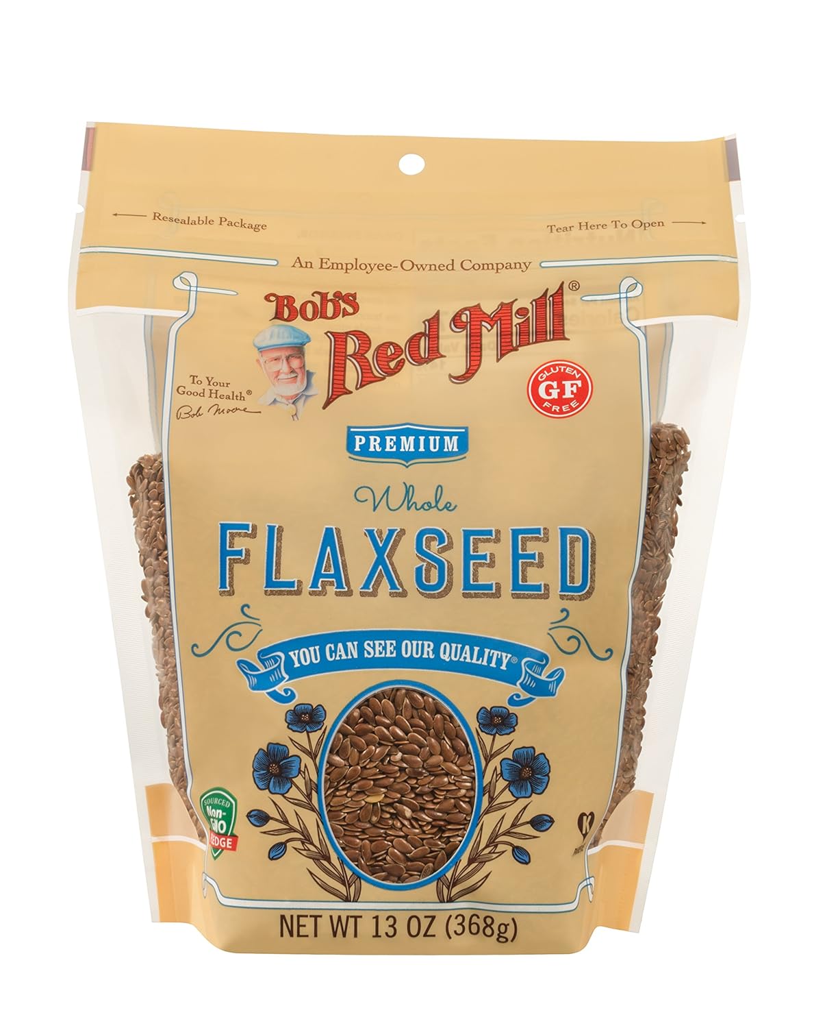 Bag of Bob's Red Mill whole flaxseeds on a white background