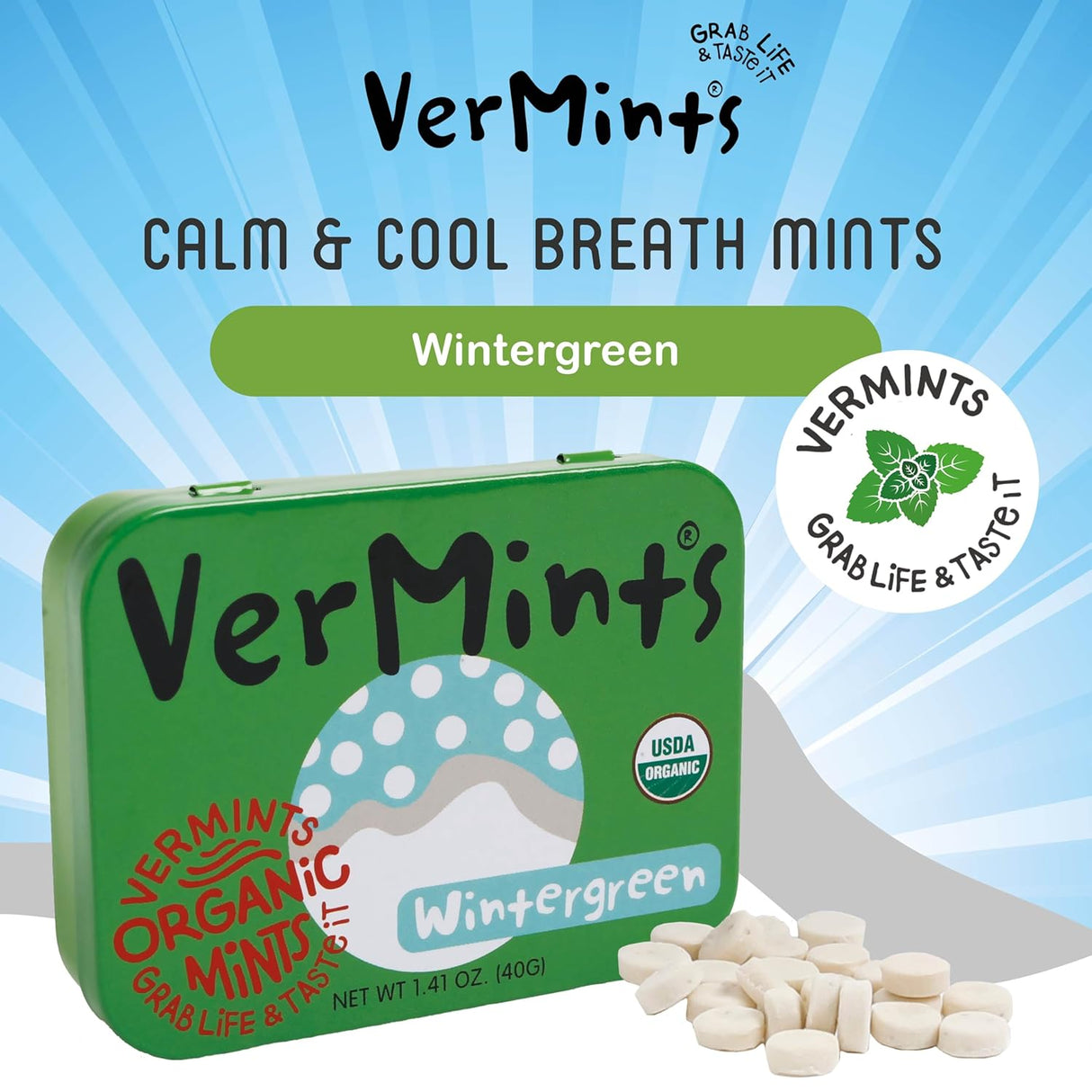 Vermints All-Natural Wintermint Breath Mints, Gluten-Free, Case of 6 (1.41 oz)