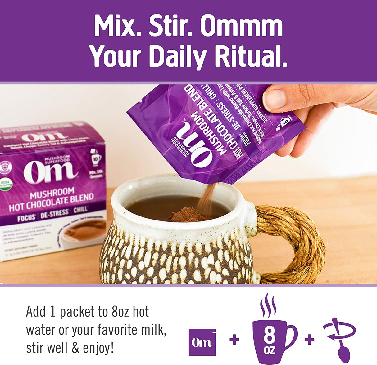 Om Mushroom Superfood Hot Chocolate Blend | Single Serve | 10 Count | Lion's Mane, Reishi, Chaga, Turkey Tail - Cozy Farm