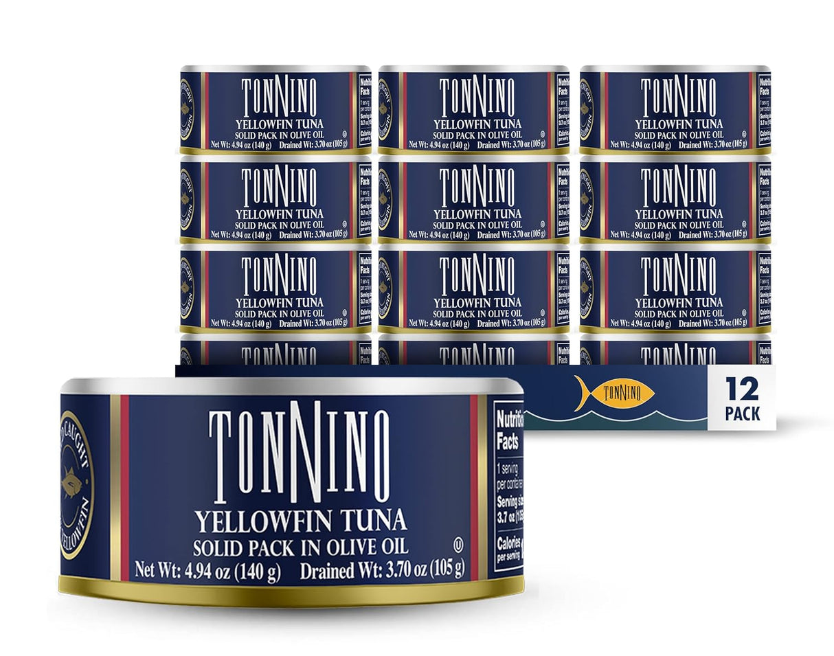 Tonnino Yellowfin Tuna solid pack in olive oil with a 12-pack box on a white background