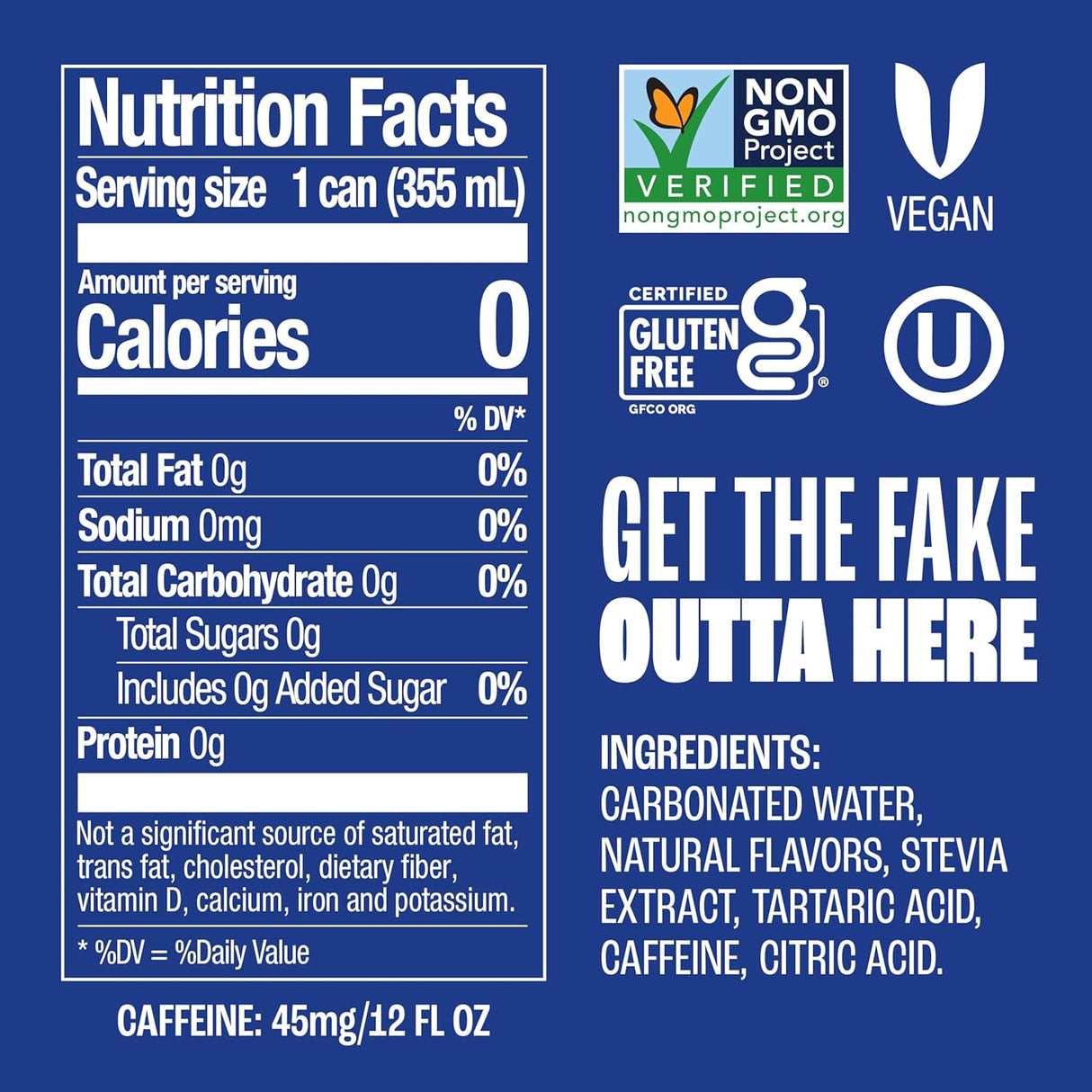 Nutrition label and certification logos on a blue background