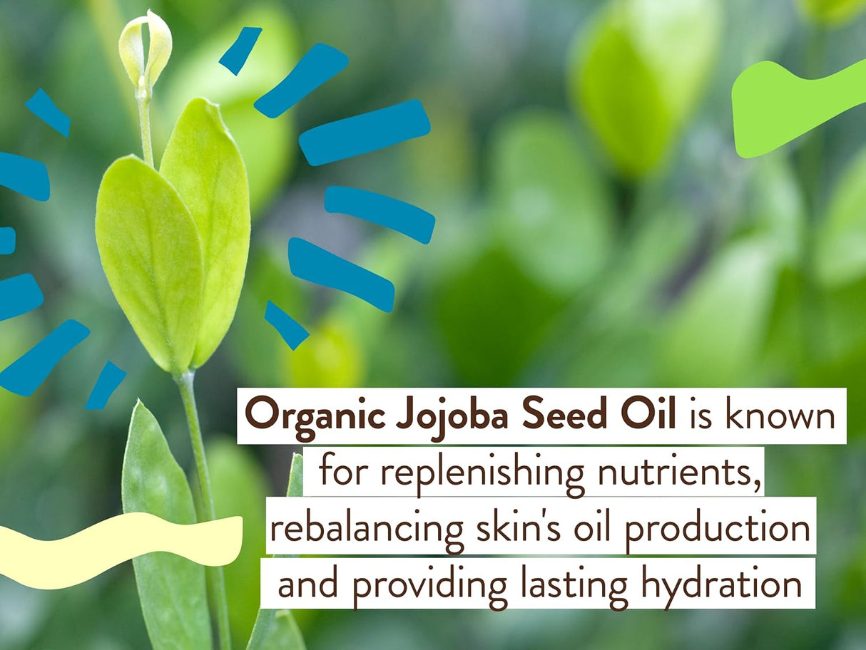 Organic jojoba seed oil text overlay with green leaves in the background
