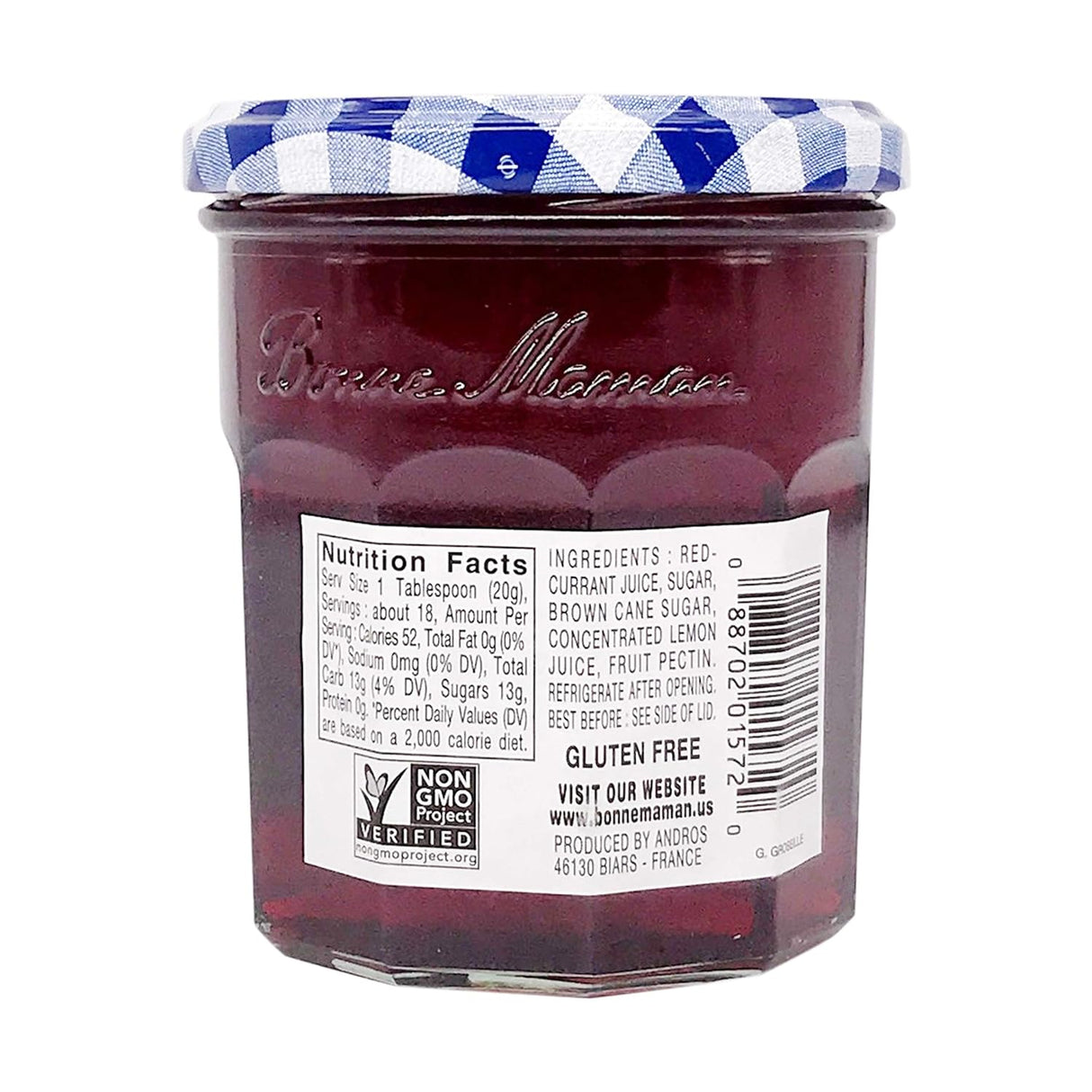 Jar of jam with a blue and white checkered lid, featuring a nutrition facts label on a white background.