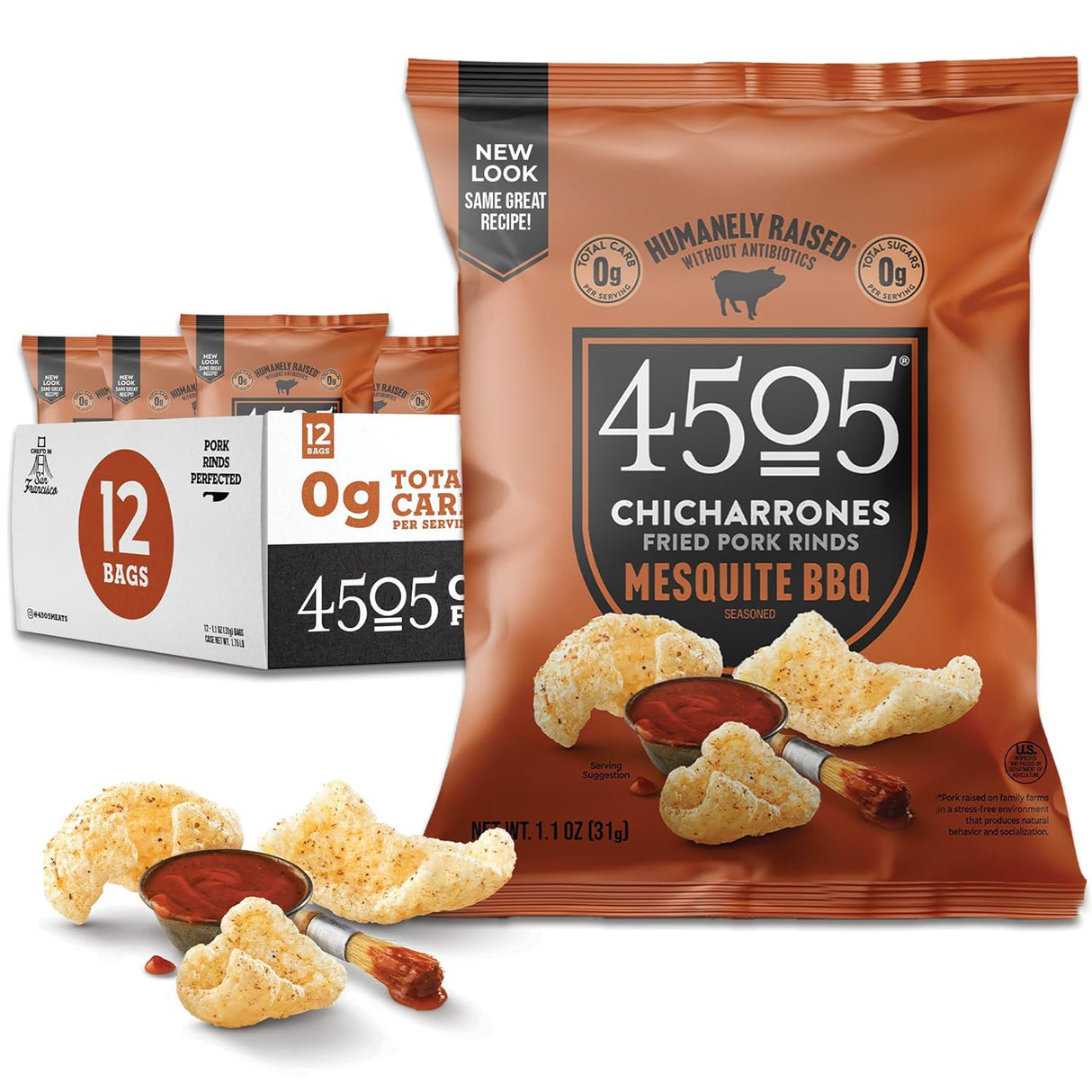 4505 - Pork Rinds Chicharrones Smoked BBQ, 3 oz (Pack of 12) - Gluten-Free Snack