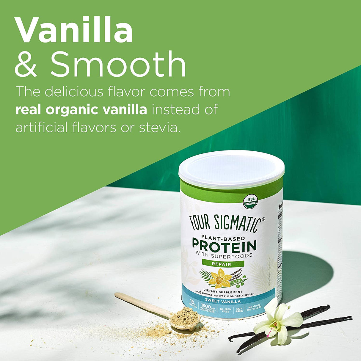 Four Sigmatic - Plant Based Protein With Superfood - Sweet Vanilla 21.16 Oz - Cozy Farm