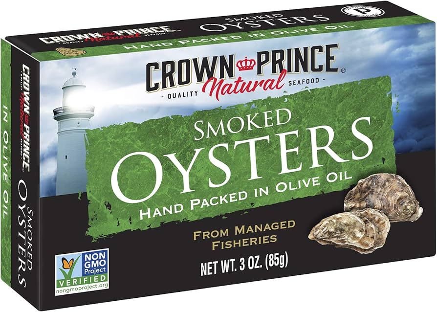 Crown Prince Naturally Smoked Oysters in Pure Olive Oil, 3 oz, Case of 18