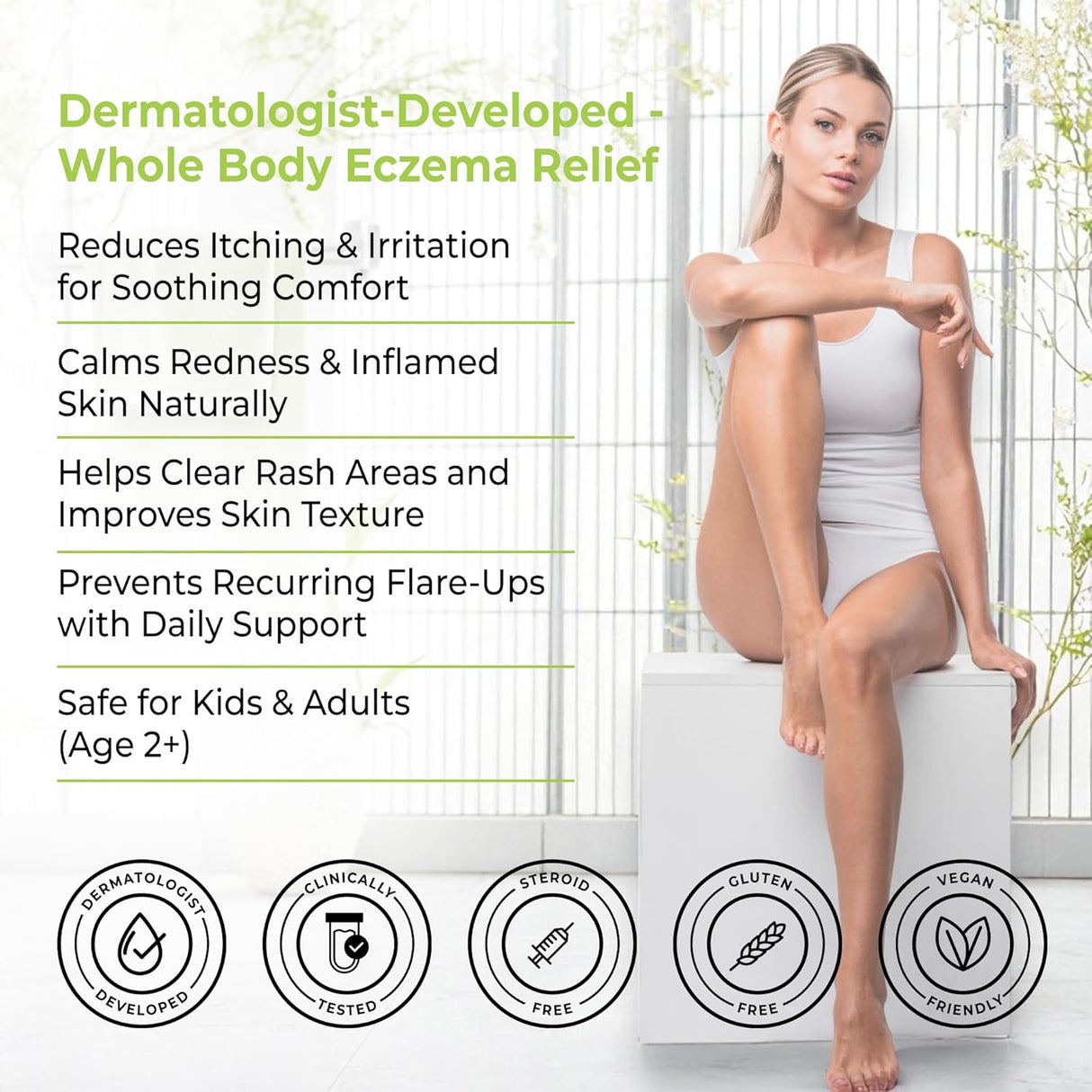 Woman sitting on a white box with eczema relief product information and benefits listed.