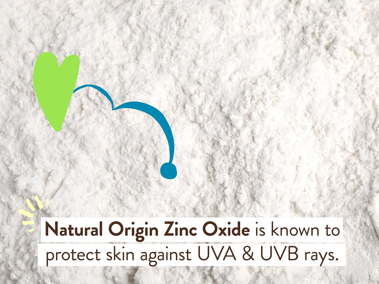 Zinc oxide powder with text about protecting skin against UVA & UVB rays