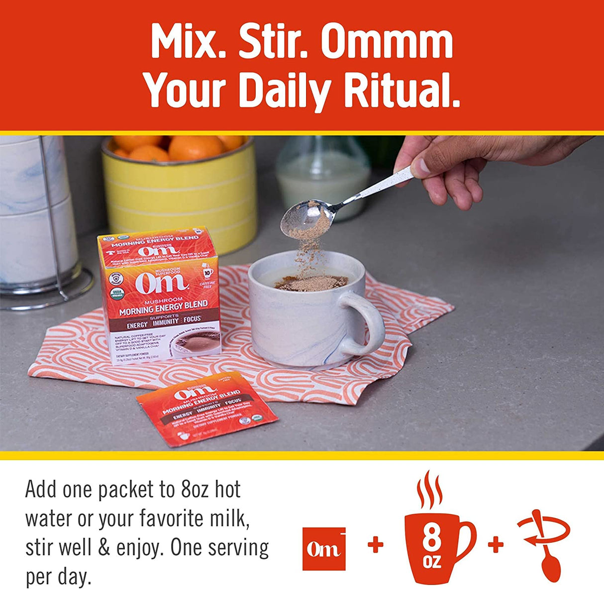 Om Mushroom Superfood Morning Energy Blend Mushroom Powder Drink (Pack of 10 - 0.28oz) - Cozy Farm