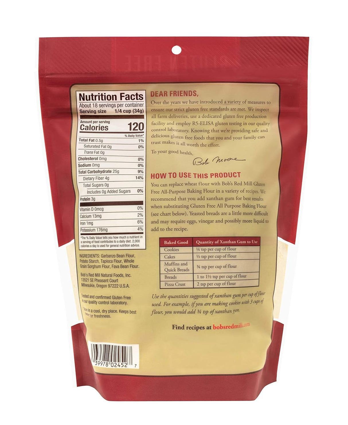 Back view of a red and beige package with nutritional information and usage instructions.