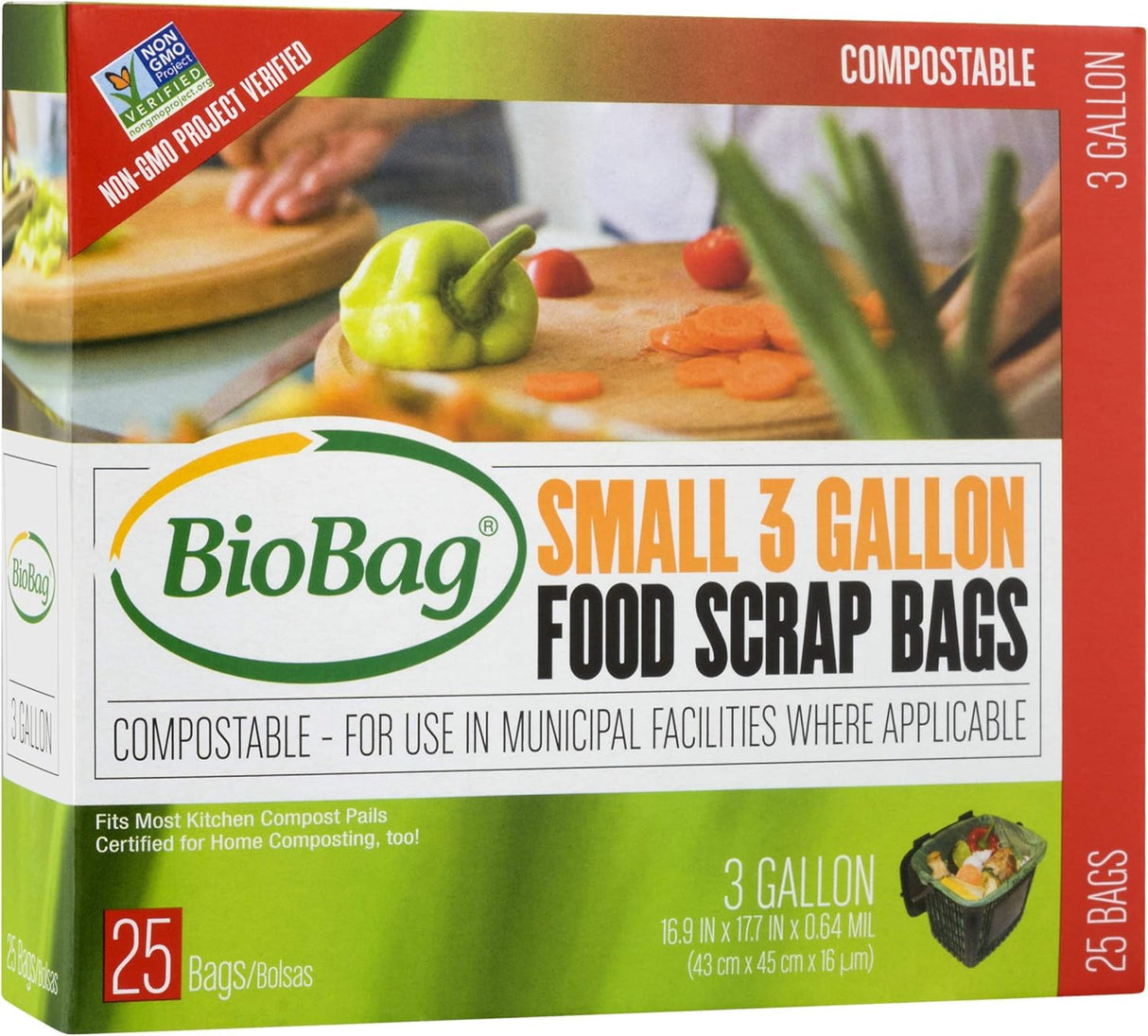 Biobag Food Scraps Compostable Bags, 3 Gallon, 25 Count, Case of 12