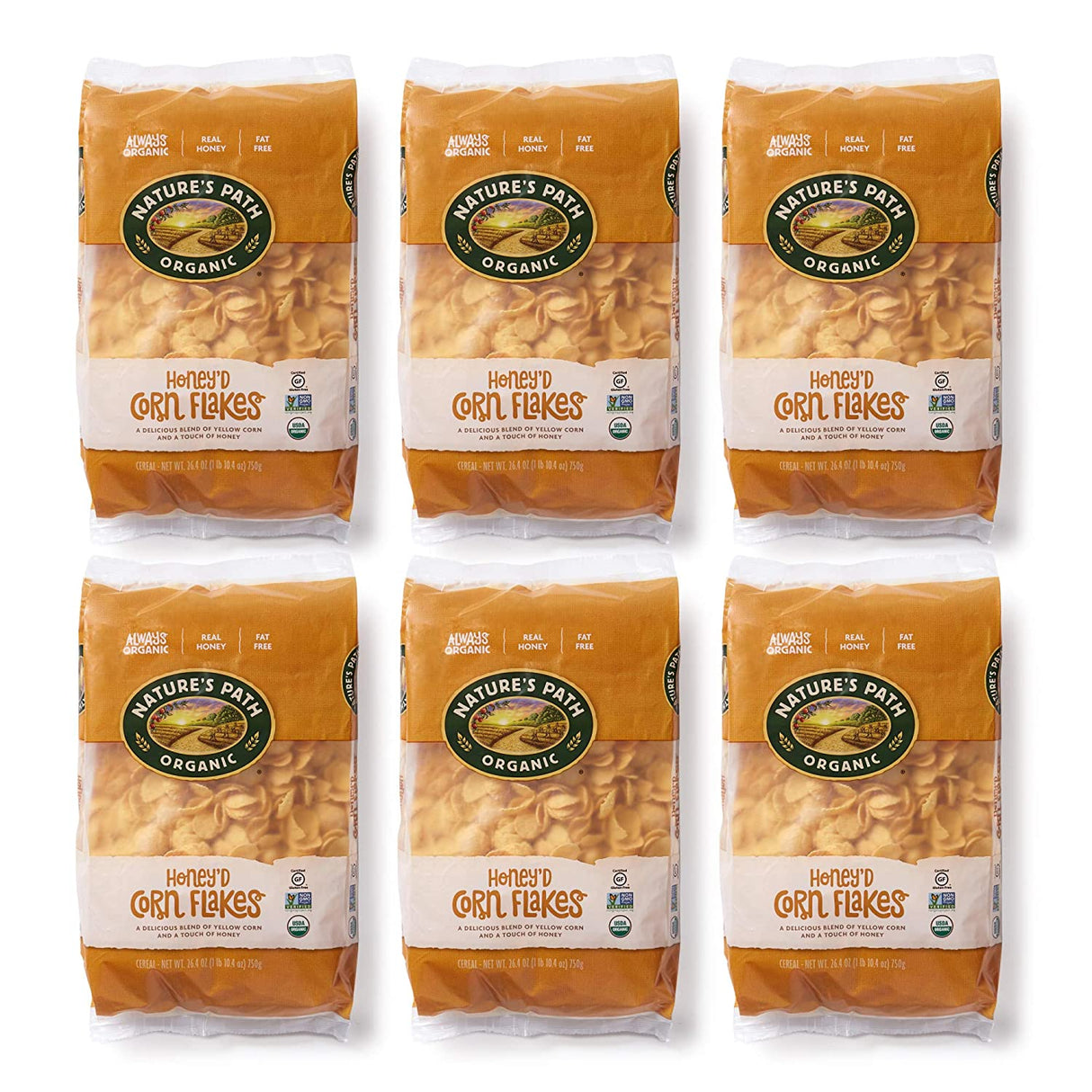 Nature's Path Organic Honey'd Corn Flakes, 6 x 26.4 Oz. - Sweetened with Honey - Cozy Farm