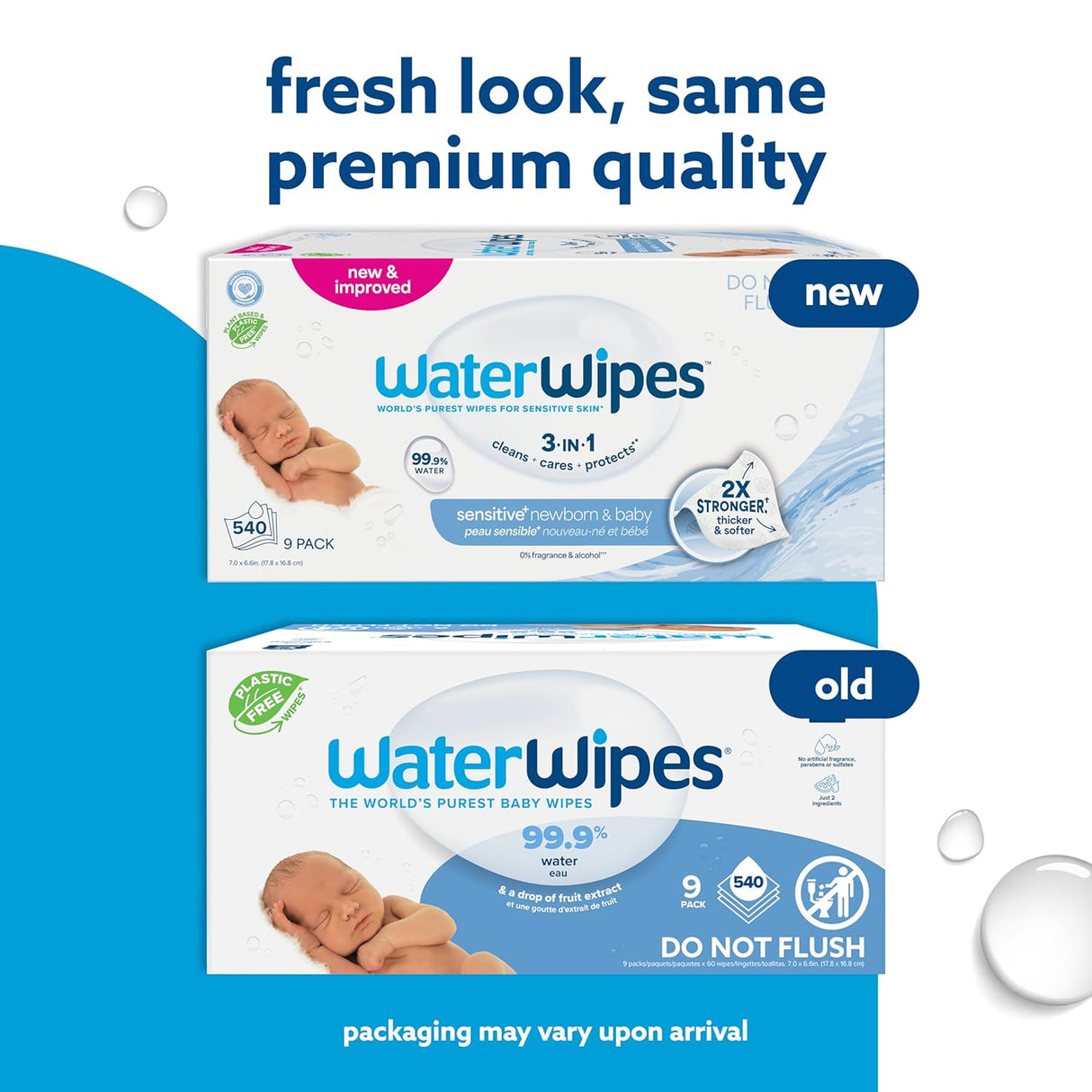 Comparison of new and old packaging for WaterWipes baby wipes on a blue background.