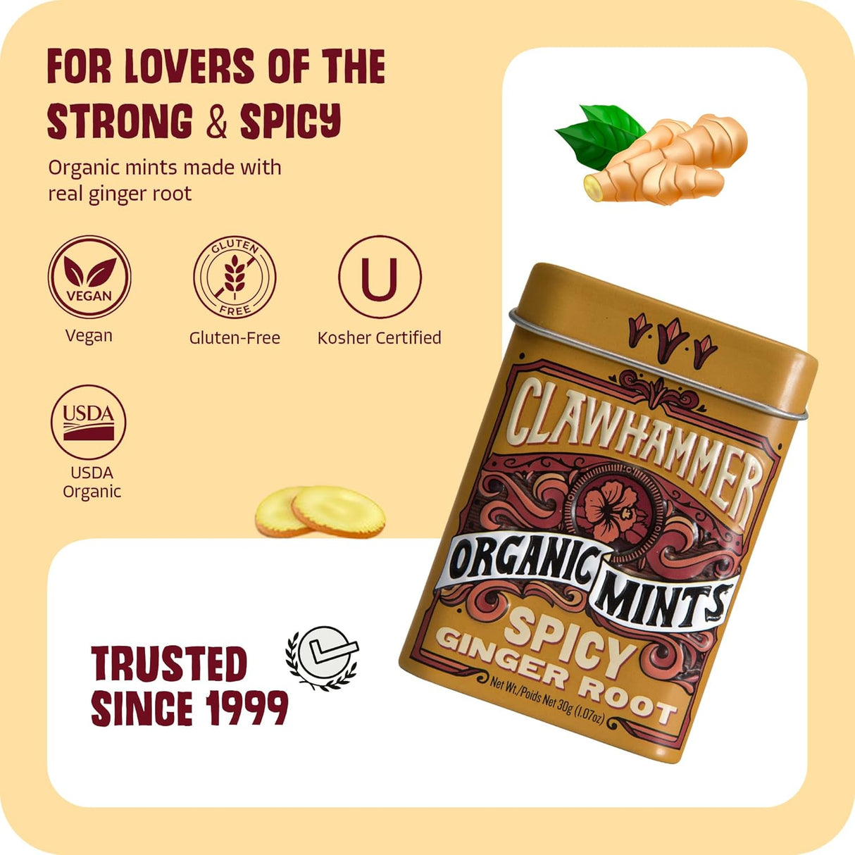 Clawhammer Organic Mints Spicy Ginger Root packaging with branding and certification logos on a beige background.