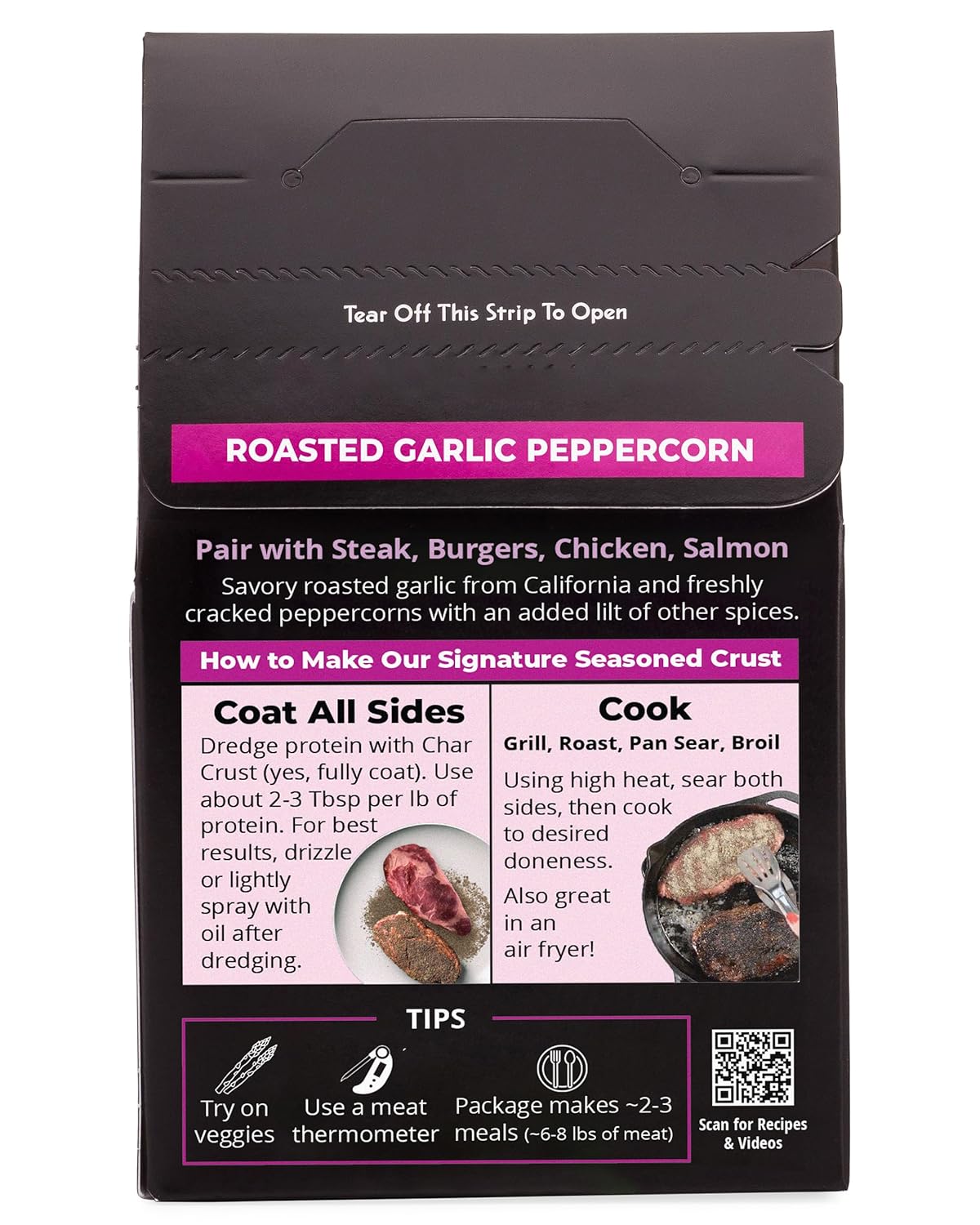 Roasted Garlic Peppercorn package with text and images on a black background