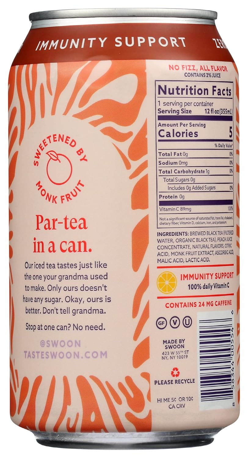 Swoon Zero Sugar Peach Iced Tea, 12 fl. oz., Pack of 12