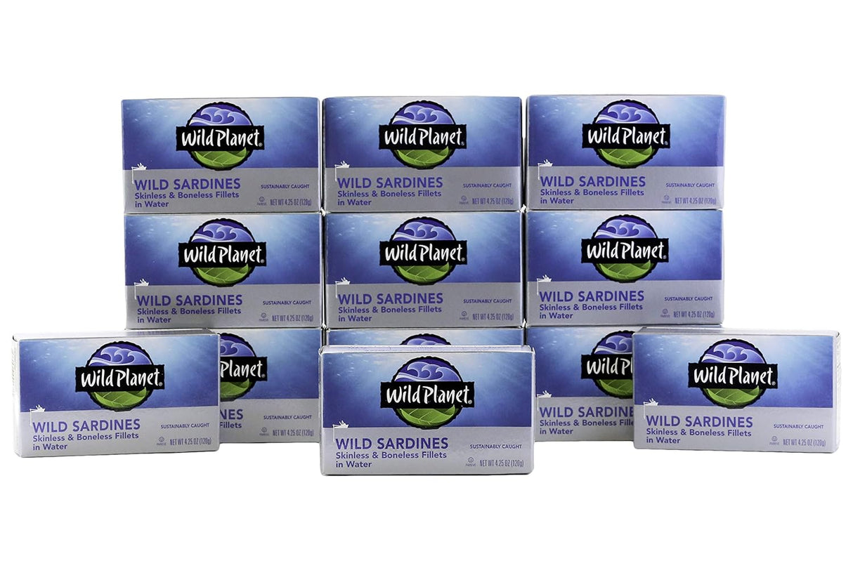Wild Planet Wild Sardines - Skinless & Boneless Fillets in Water (Case of 12) | 4.25 Oz Cans | High Protein, Omega-3s, Kosher, Sustainably Sourced Seafood